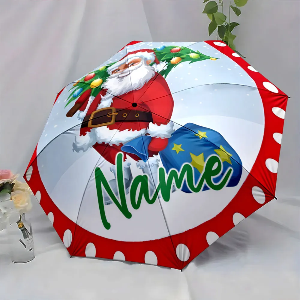 Custom Name Santa Claus Theme Umbrella with Festive Design Print 8 Iron Ribs Folding Umbrella, Auto-Open Fashion Sunshade