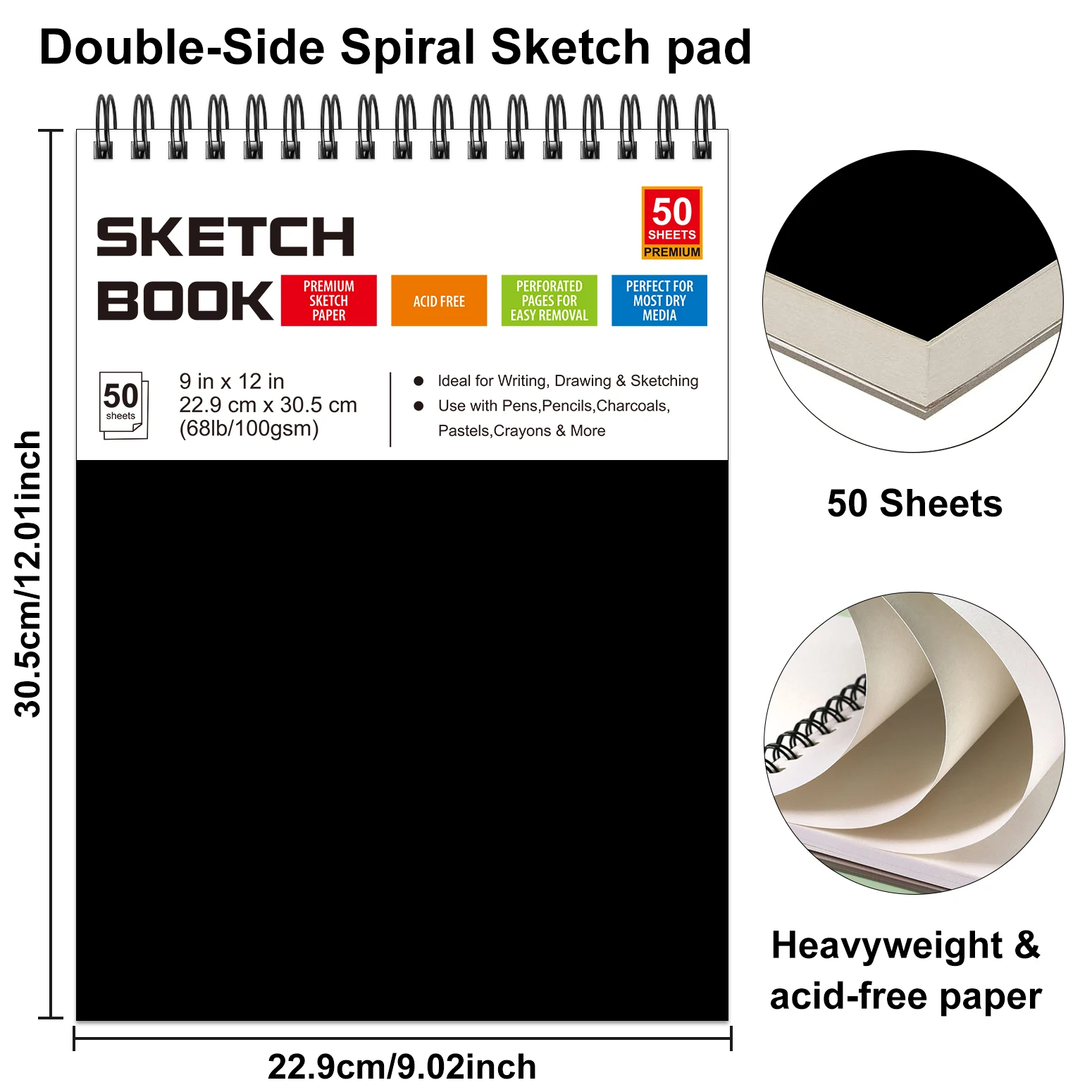 Sketch Book, Spiral Bound Acid-Free Sketchbook with 68lb/100gsm for Paper Painting, Drawing, Writing, Artist Sketching Pad