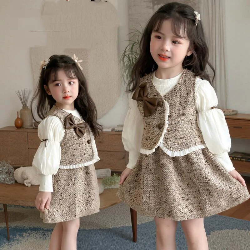 

Girl Dress Vest Two-Piece Set Spring Autumn Tops Coat Long Sleeves Splice Skirt Child Kawaii Fashion New Style Casual Clothing