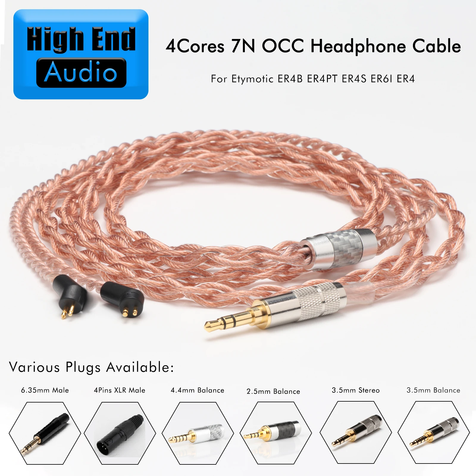 Preffair 7N OCC 4 Core Earphone Cable with Gold-plated 3.5 2.5 4.4mm 4pin XLR Plug For ER4B ER4PT ER4S ER6I ER4