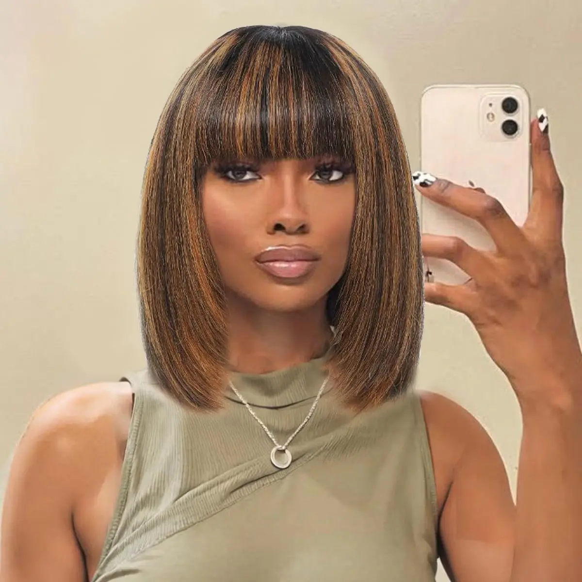 

Bob Glueless Wig Human Hair With Bangs 1B/30 Brown Highlight Straight Bob Wig Human Hair 2x1 Closure HD Lace Short Bob Wigs