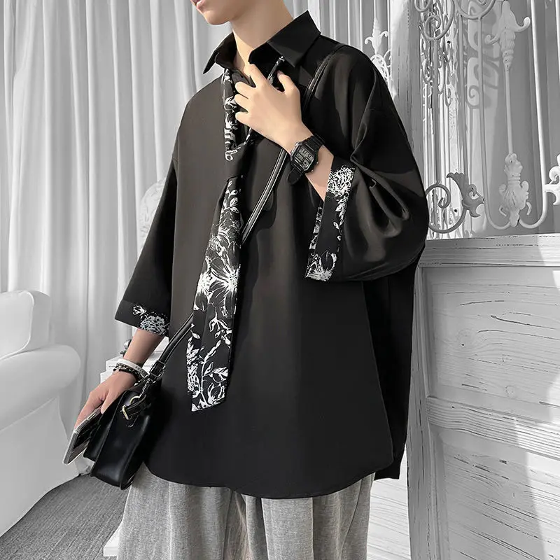 Korean Fashion Print Oversized Shirts Men Vintage Three-quarter Sleeve Button Down Blouse Tops with Tie for Teen