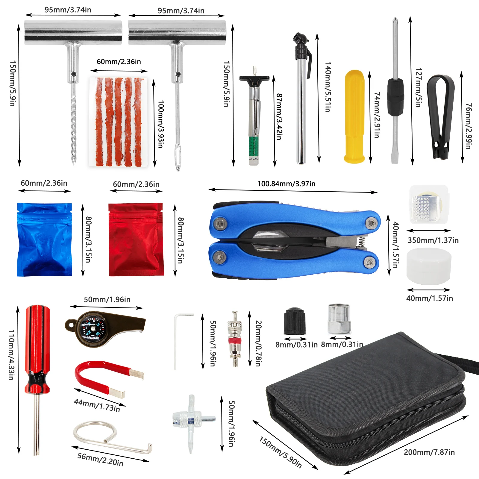 Universal Car Tire Repair Tools 13 in 1 Multi Function Pliers Vacuum Tyre Repair Nails to Fix Punctures and Plug Flats Patch Kit