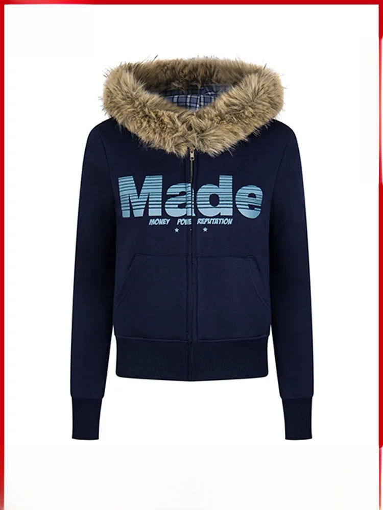 Kurtka z kapturem GPstudio z amerykańskim nadrukiem, futrzanym kołnierzem, ocieplana polarem, damska, zimowa, ciepła, luźna odzież wierzchnia