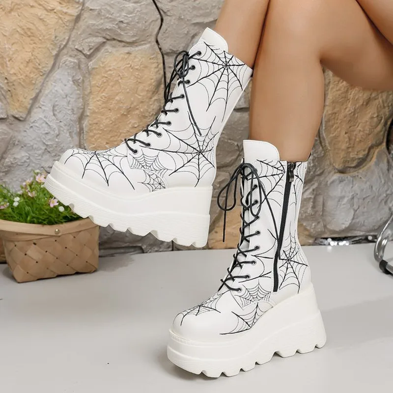 New 2026 Autumn/Winter Luxury Women Boots Comfortable Slope Heel Thick Bottom Spider Web European and American Large Short Boots view 3