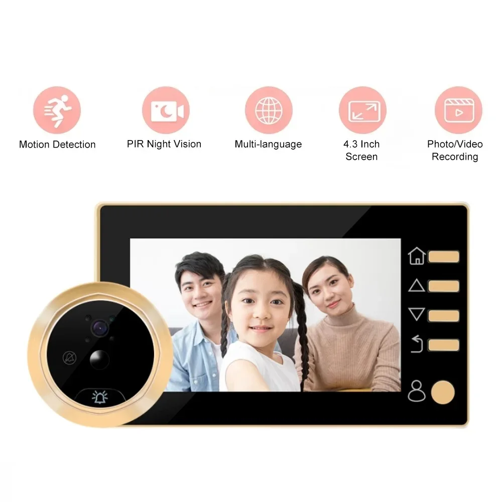 Peephole Ring Doorbell com câmera, 4.3 Polegada Doorbell, câmera, proteção de segurança, casa inteligente, nenhum Wifi