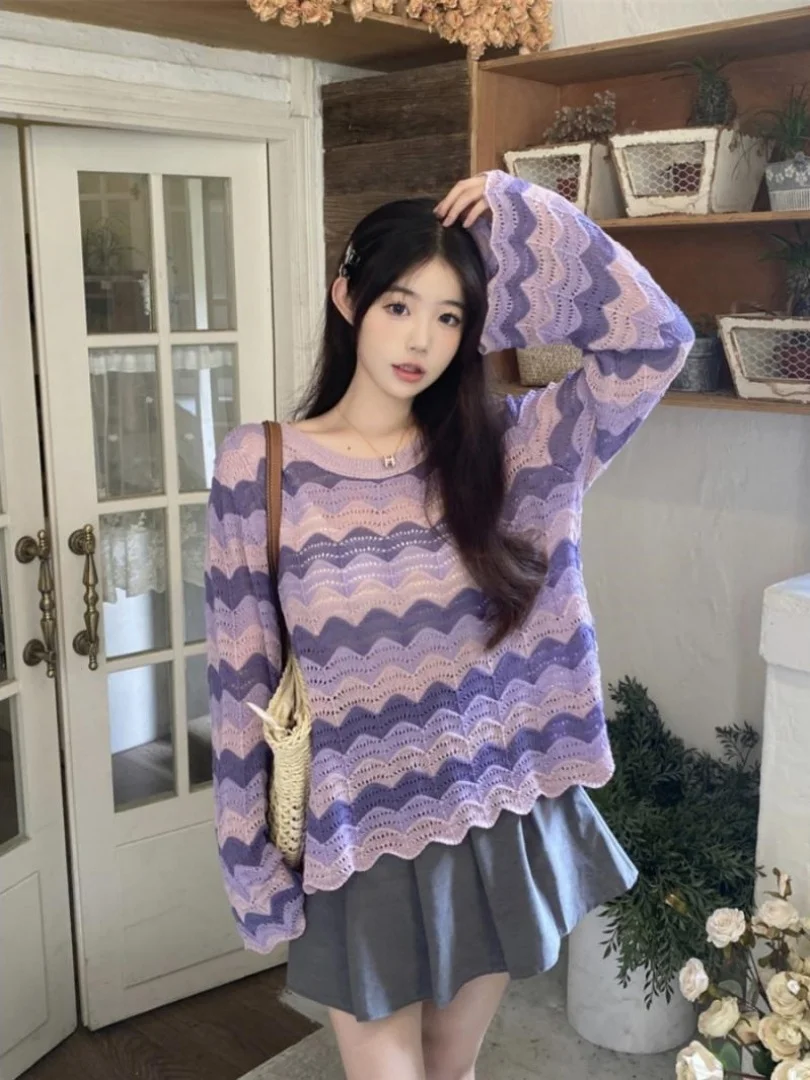 

Вязаный топ из ледяного шелка больших размеров, летний тонкий ажурный длинный све в полоску, защита от солнца, свободный крой, корейский круглый топ Ne