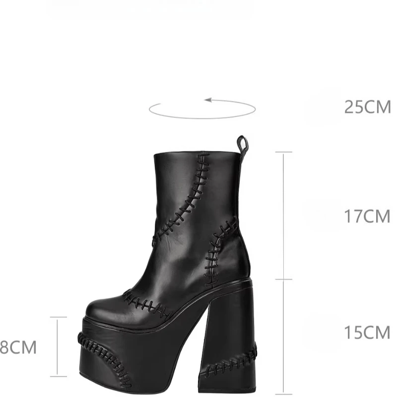 Black Motorcycle Boots Shoes for Women's Thick Sole Height Increasing Boots Super High Heels Side Zippers Fashion Mid-Calf Boots