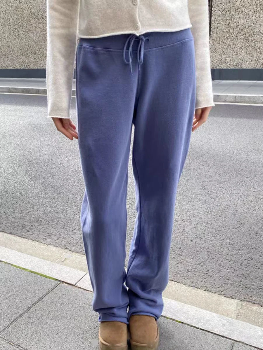 

Drawstring Raw Hem Navy Blue Straight Long Pants 2023 Sweet Cute High Waist Raw Hem Trousers Summer Casual Sport Sweatpant Chic