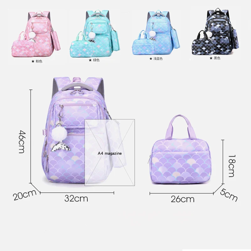 Mochila multifuncional con estampado de escamas de pescado para niñas, morral escolar de nailon de alta calidad con bolsa de almuerzo y lápiz,