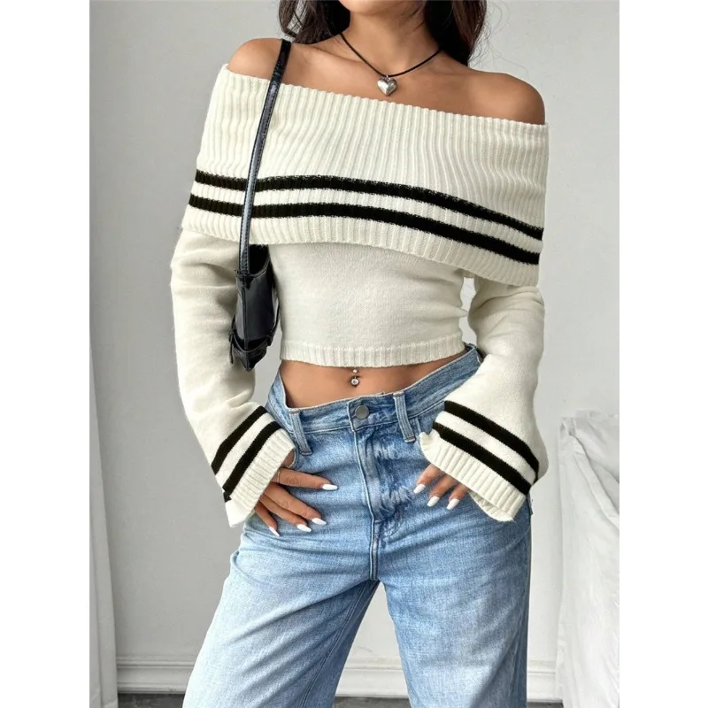 가을 여성 슬래시 스트라이프 긴 플레어 슬리브 오프 숄더 니트 짧은 스웨터 니트 캐주얼 한국 점퍼 가을 풀오버
