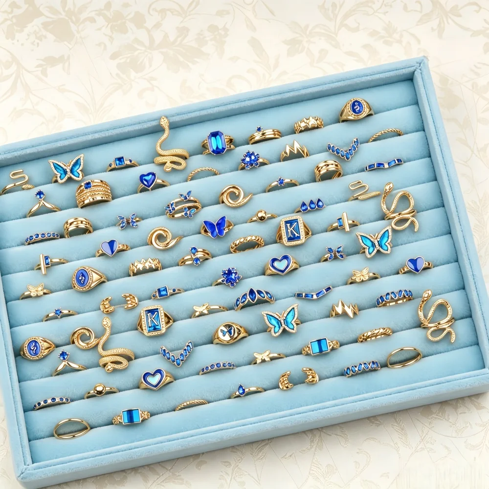 20/30Pcs Luxury Blue Rhinestone Stackable Rings Set For Women Butterfly Snake Letter Mix Style Trendy Jewelry Daily Party Gifts
