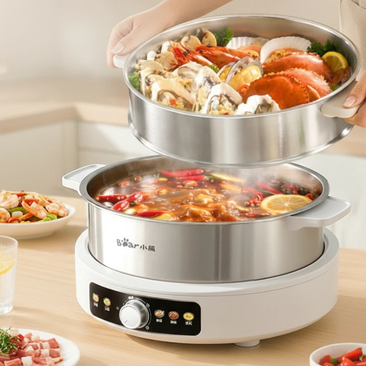 Stainless steel electric hot pot - detachable design, uncoated electric heating pot, dual purpose for steaming and cooking