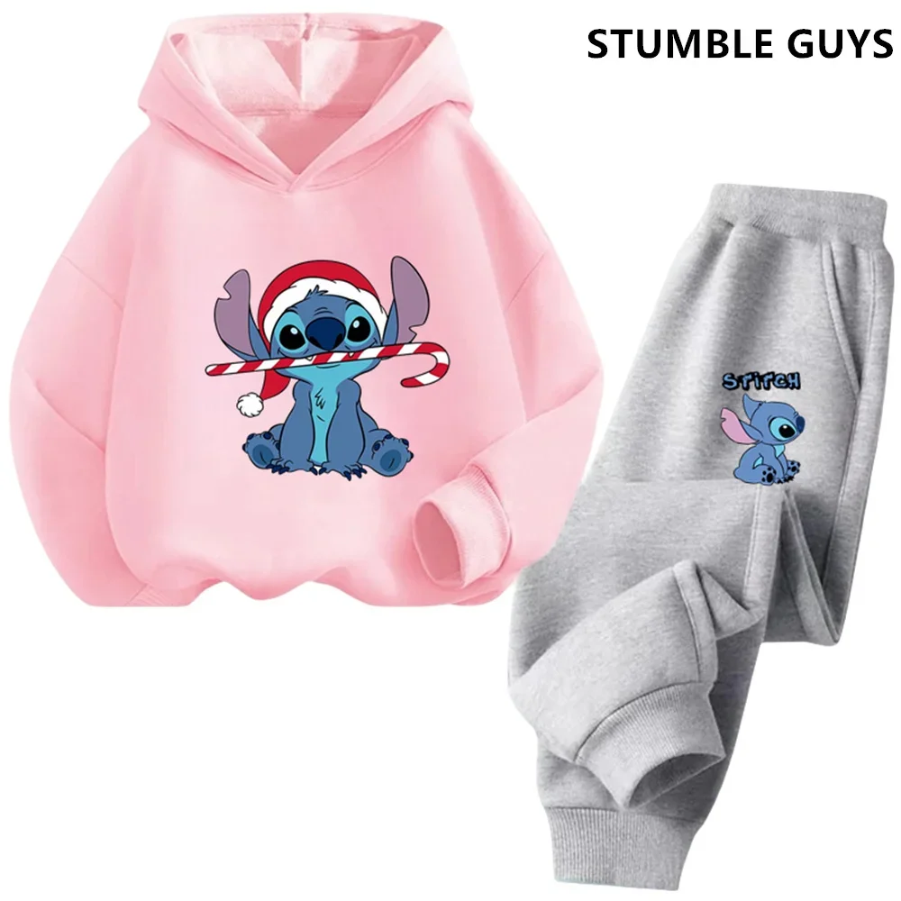 Kawaii Stitch Hoodie Set Girls Casual Hello Kitty Long-sleeved Sweatshirts Tops 2-13 Years Old Children's Trucksuit Casual Tops