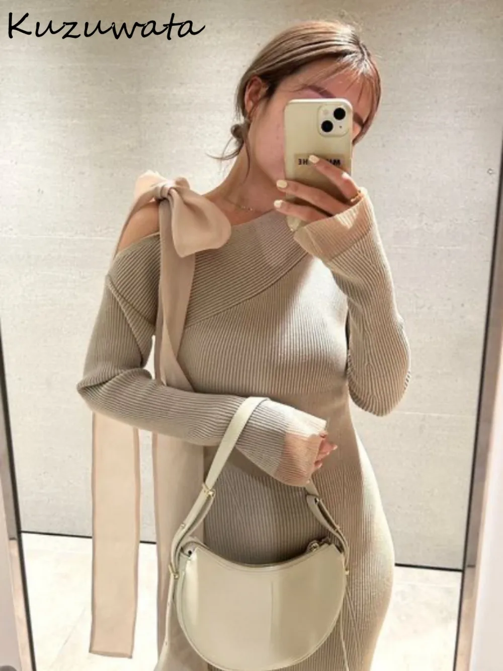 Kuzuwata Elegant Diagonal Collar Flare Sleeve Sweet Robe Off Shoulder Mermaid Voile Bow Vestidos Japan Moda Knit Patchwork Dress
