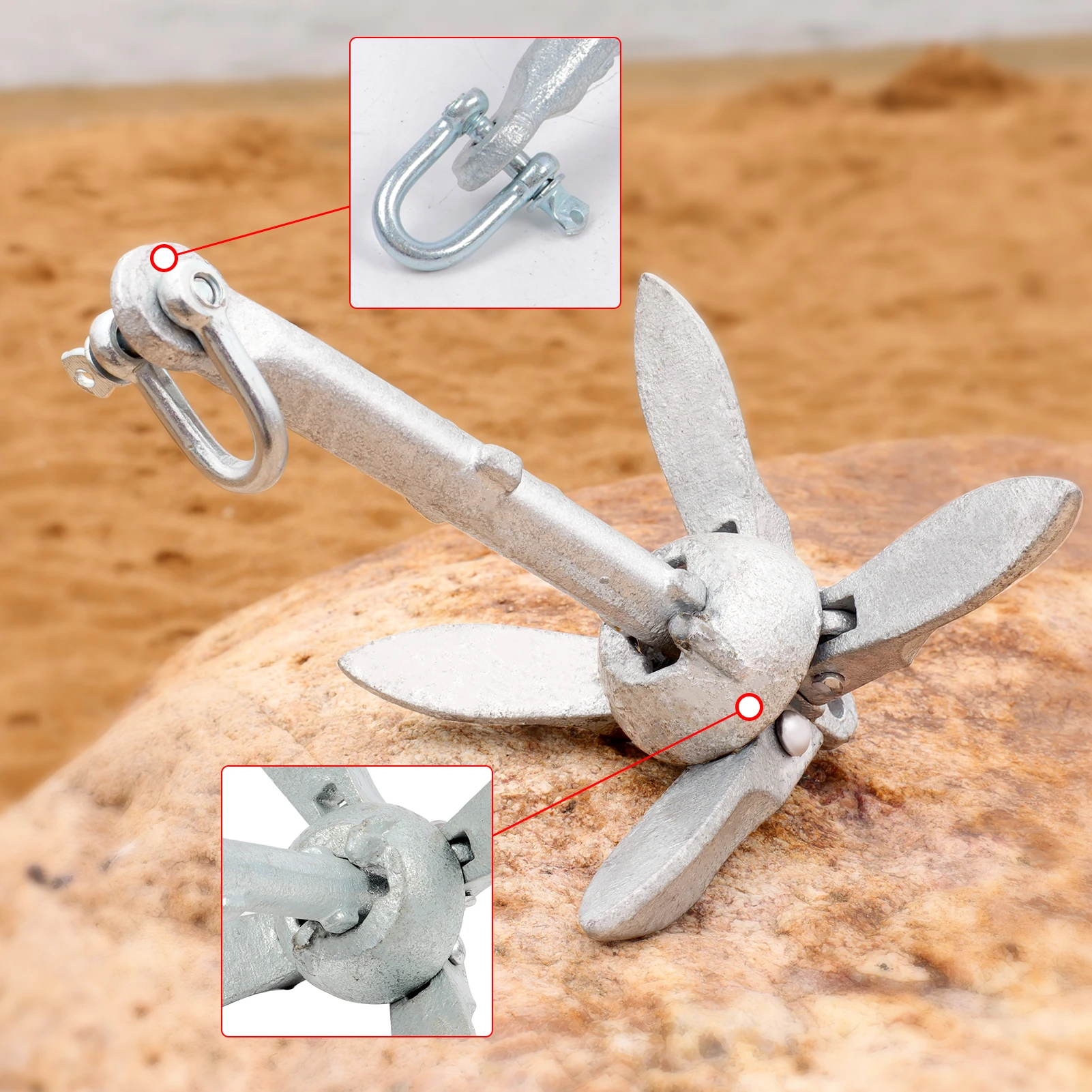 0.7kg/1.5lb Galvanized Folding Anchor with SS316 Shackle for Kayak, Canoe, SUP, Jet Ski, Inflatable & Fishing Boats
