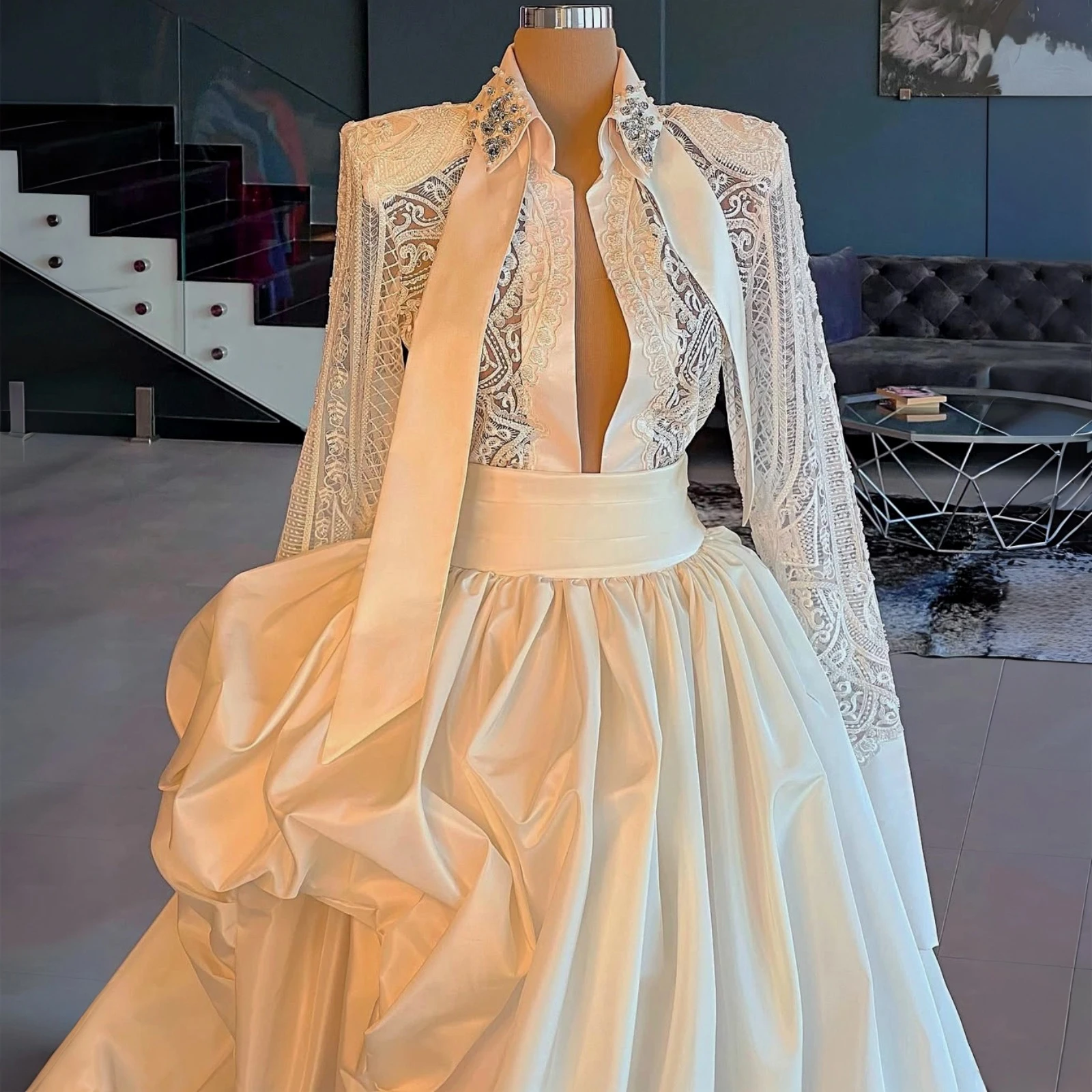 Shirt Dress Deep V-Neck Satin Evening Gown Pearl Rhinestone Lace Openwork Sleeves Unique Party Dress Retro Court Style