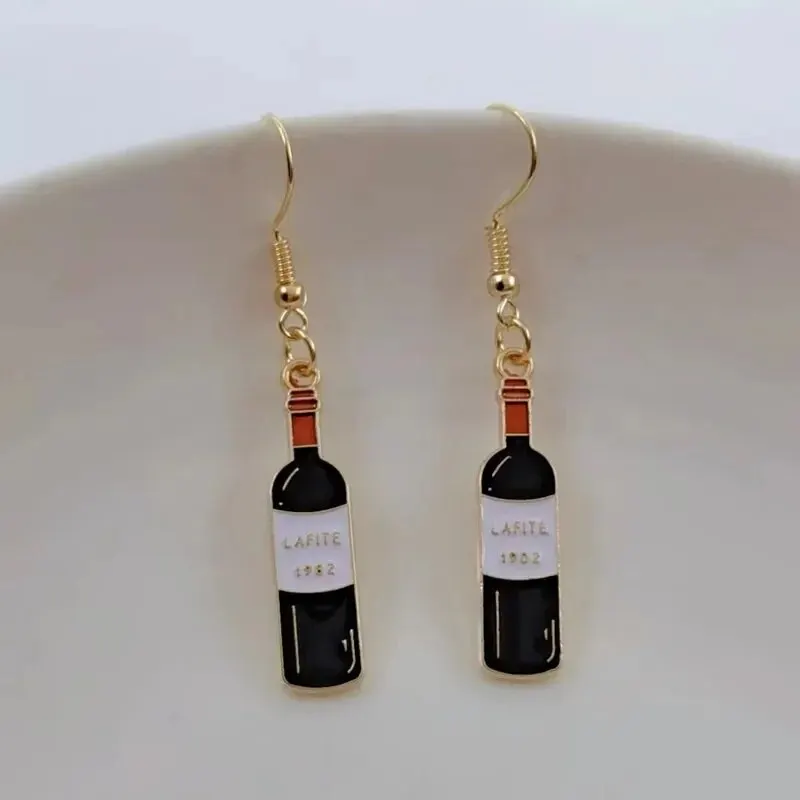 Cute WIne Bottle Glass Shape Drop Earrings For Women Gold Plating Metal With Epoxy Wine Beer Bottle Charm Ins Earrings