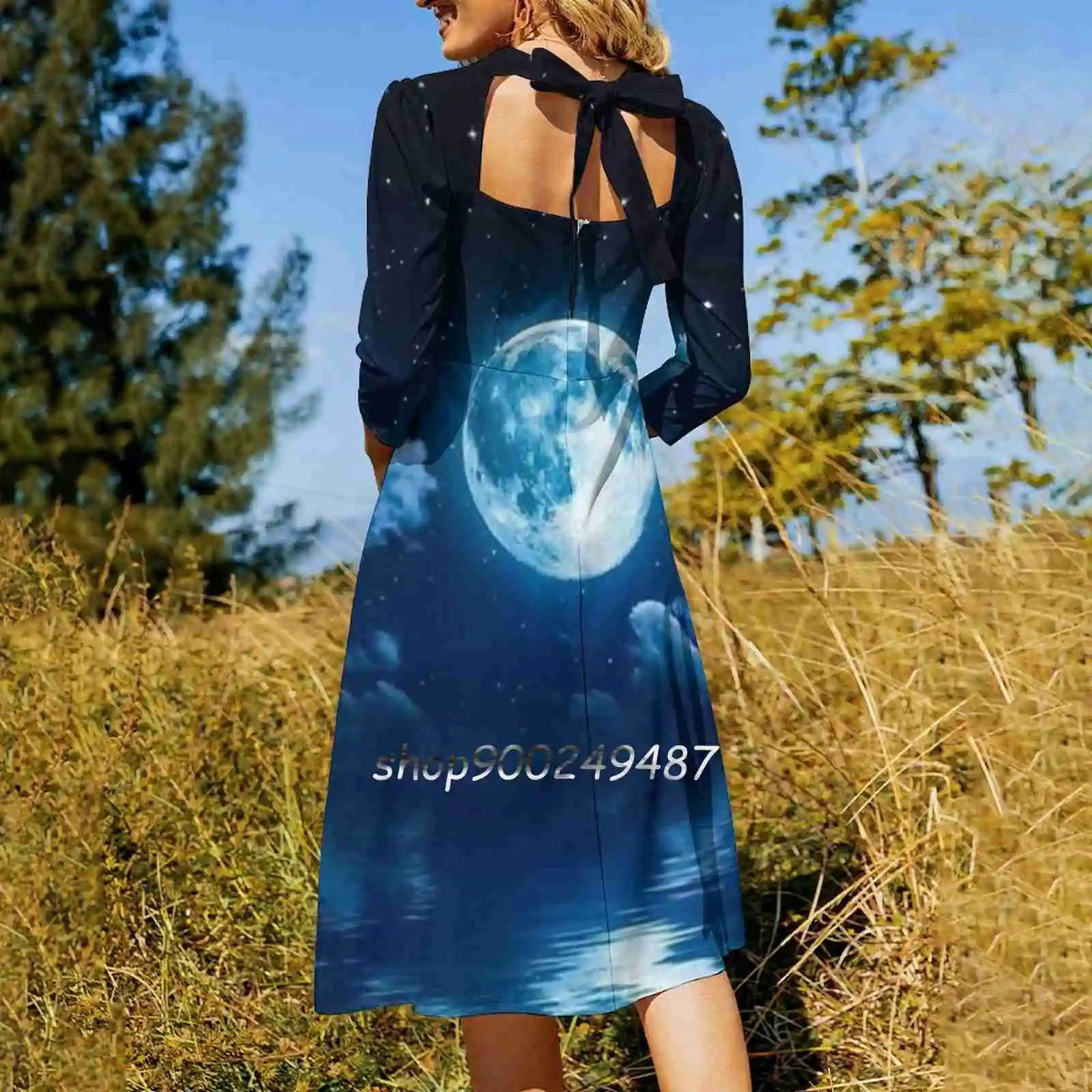 Full Moon Reflection Square Neck Dress New Plus Size Elegant Women Waist Tight Dress Lunar Full Moon Moon Phases Moonlight Moon