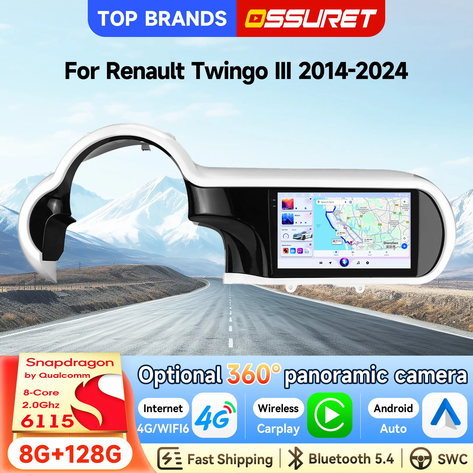 OSSURET Schneller Versand 9 Zoll 2 Din Android 15 Octa Core Autoradio für Renault Twingo III 2014-2024 Head Unit Wireless Carplay Android Auto Autoradio RDS DSP Audio Radio Optional 360 °   Kamera SWC