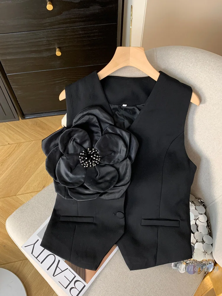 

Autumn Exquisite Rhinestone Sweet Tridimensional Large Flower V-neck Two-Button Suit Vest Women's Elegant Sleeveless Top 2024