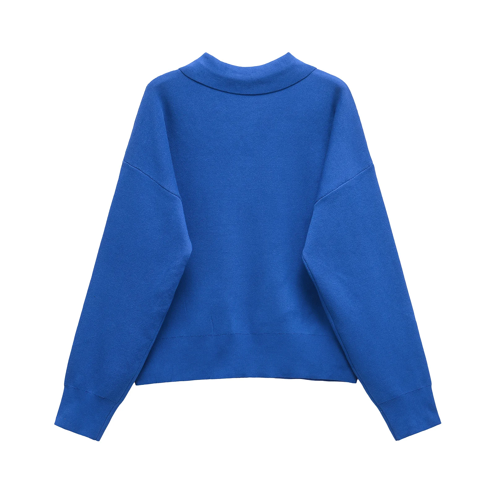 Dave&Di 2025 Spring Minimalist Polo Collar Pocket Klein Blue Loose T-shirt Knitted Pullover Women Top Sweater