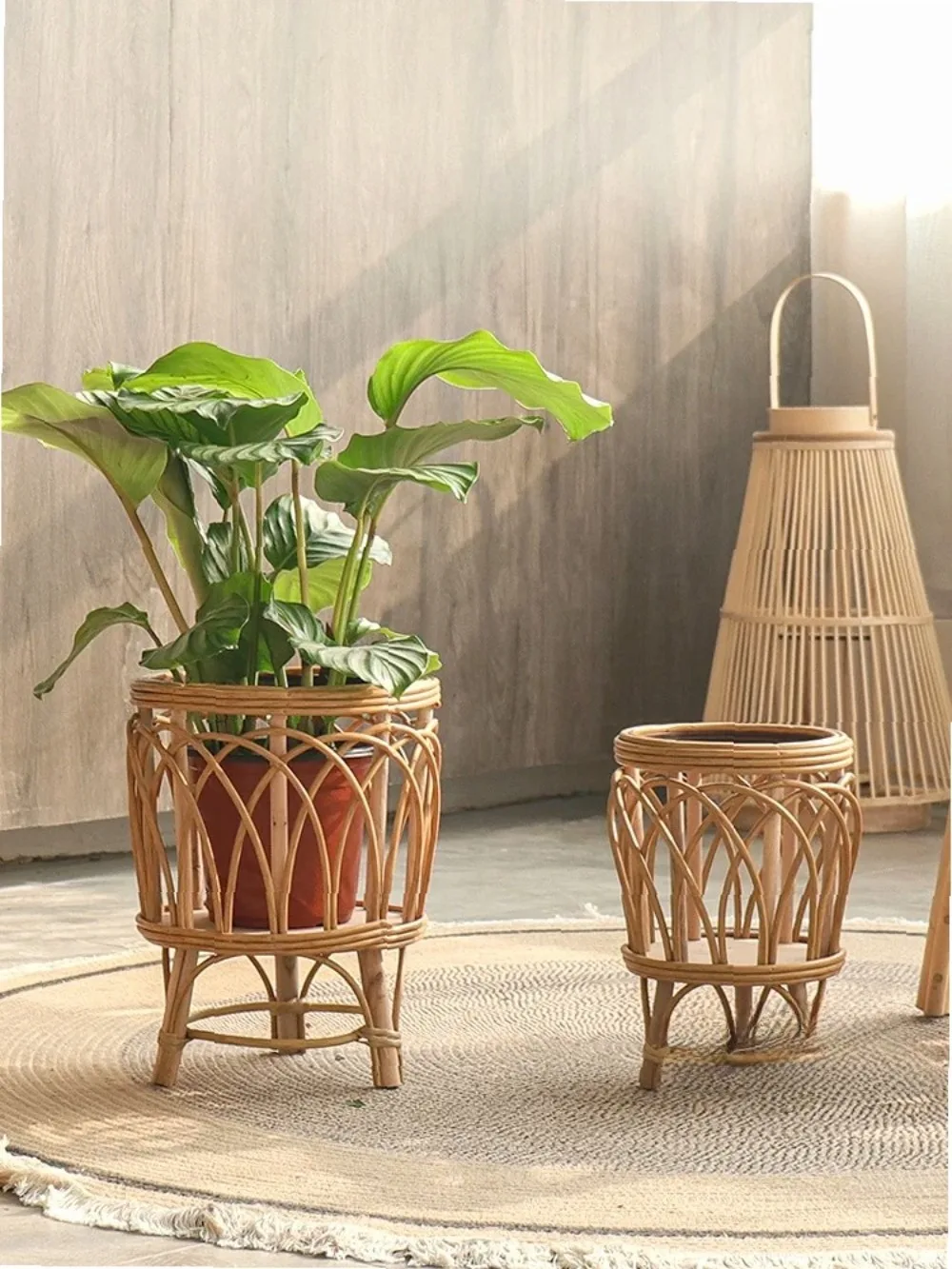 Nordic Simple Woven Plastic Rattan Floor Standing Plant Pots Basket Living Room Home Decorations Balcony Garden Ornament