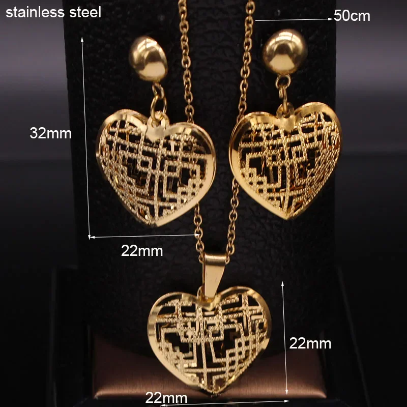 2026 Fashion Heart Stainless Steel Jewelry Set for Women Hollow Small Gold Color Earring Necklace Sets set de joyas S1537S01