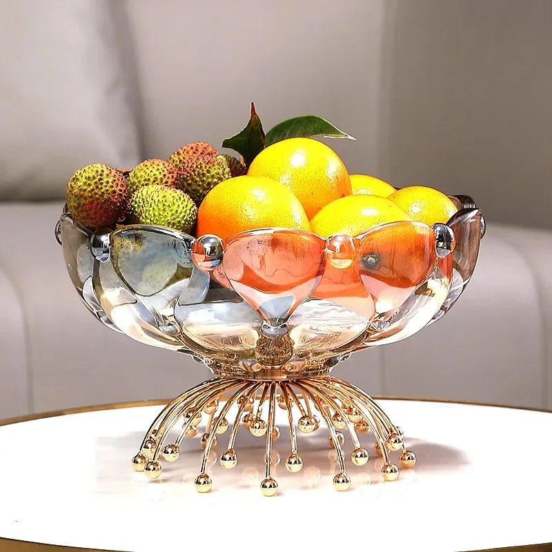 

European Light Luxury Fruit Plate Creative Living Room Coffee Table Snacks Dried Fruit Tall Metal Glass Fruit Plate Manufacturer