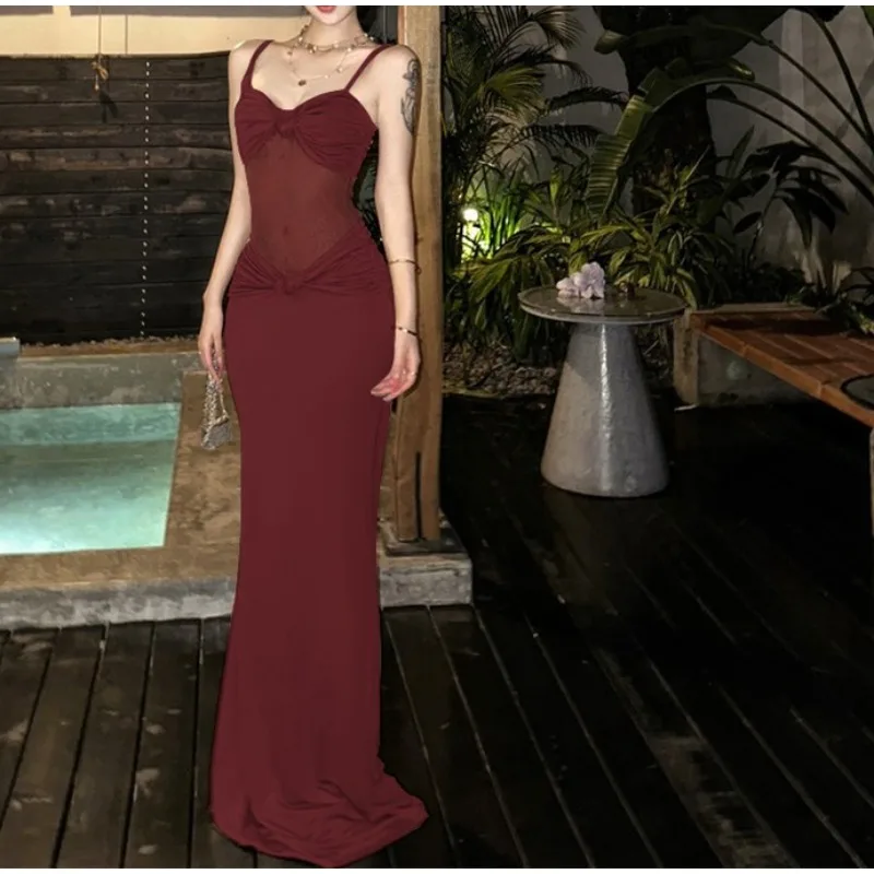 2025 Summer New Women's Summer Solid Color Suspender Back Sleeveless Lace Patchwork Dress