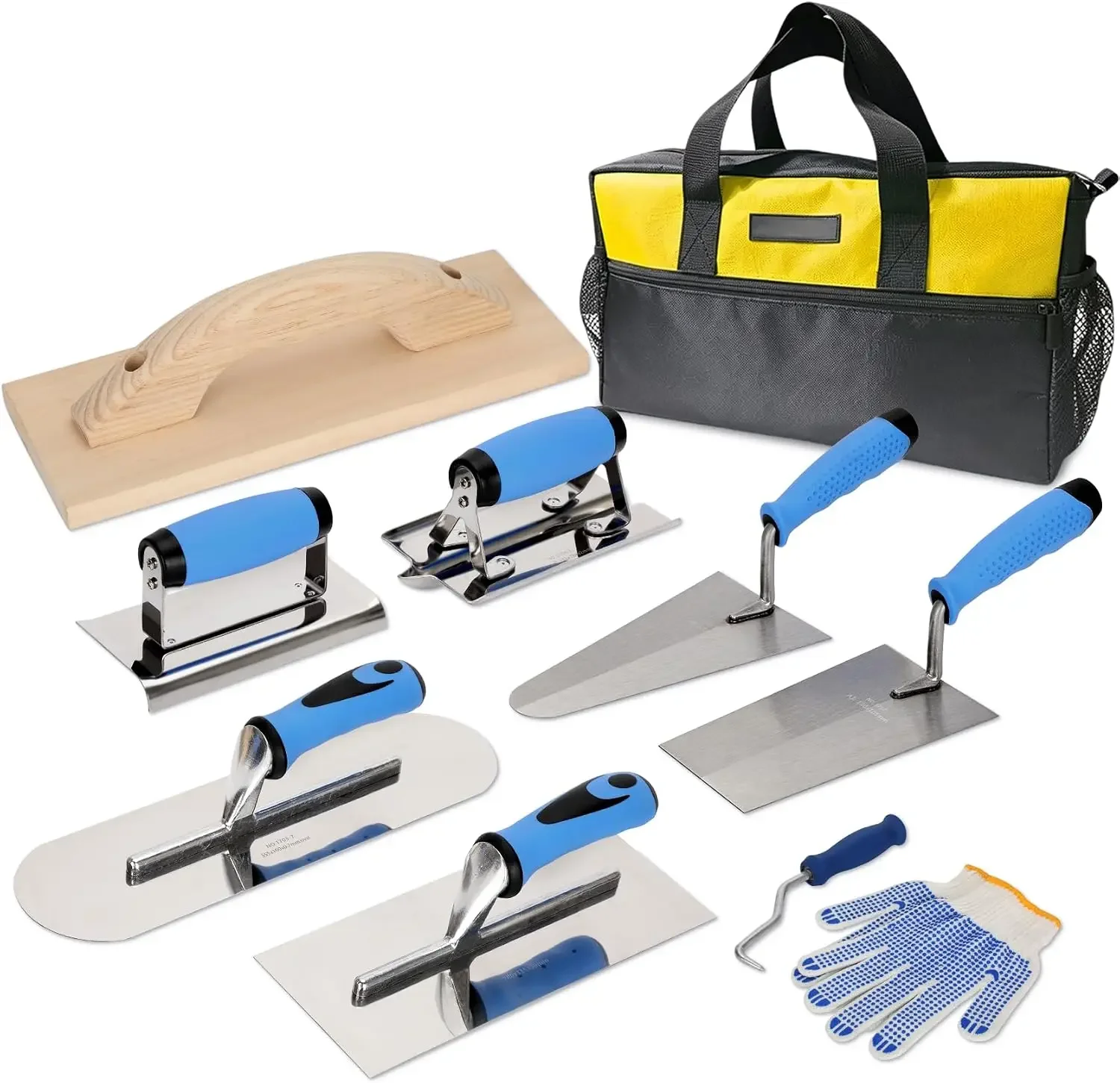 10pcs Concrete Trowel Tool Set,Professional Masonry Hand Tool Kit Includes Finishing Trowel,Pool Trowel,Wood Float,Gauging Trowel,Concrete Edger, Groover,Wire Twister Tool, Gloves and Tool Bag