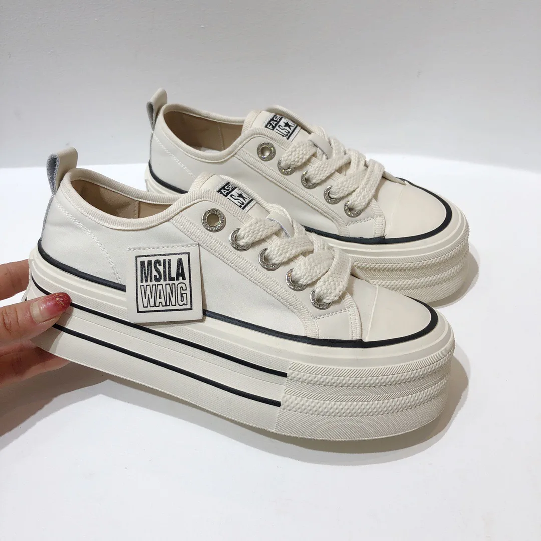 Withered Fashion Blogger High Street Retro Thick Bottom Increased Flat Casual Sneakers Women Contrast Color Canvas Shoes