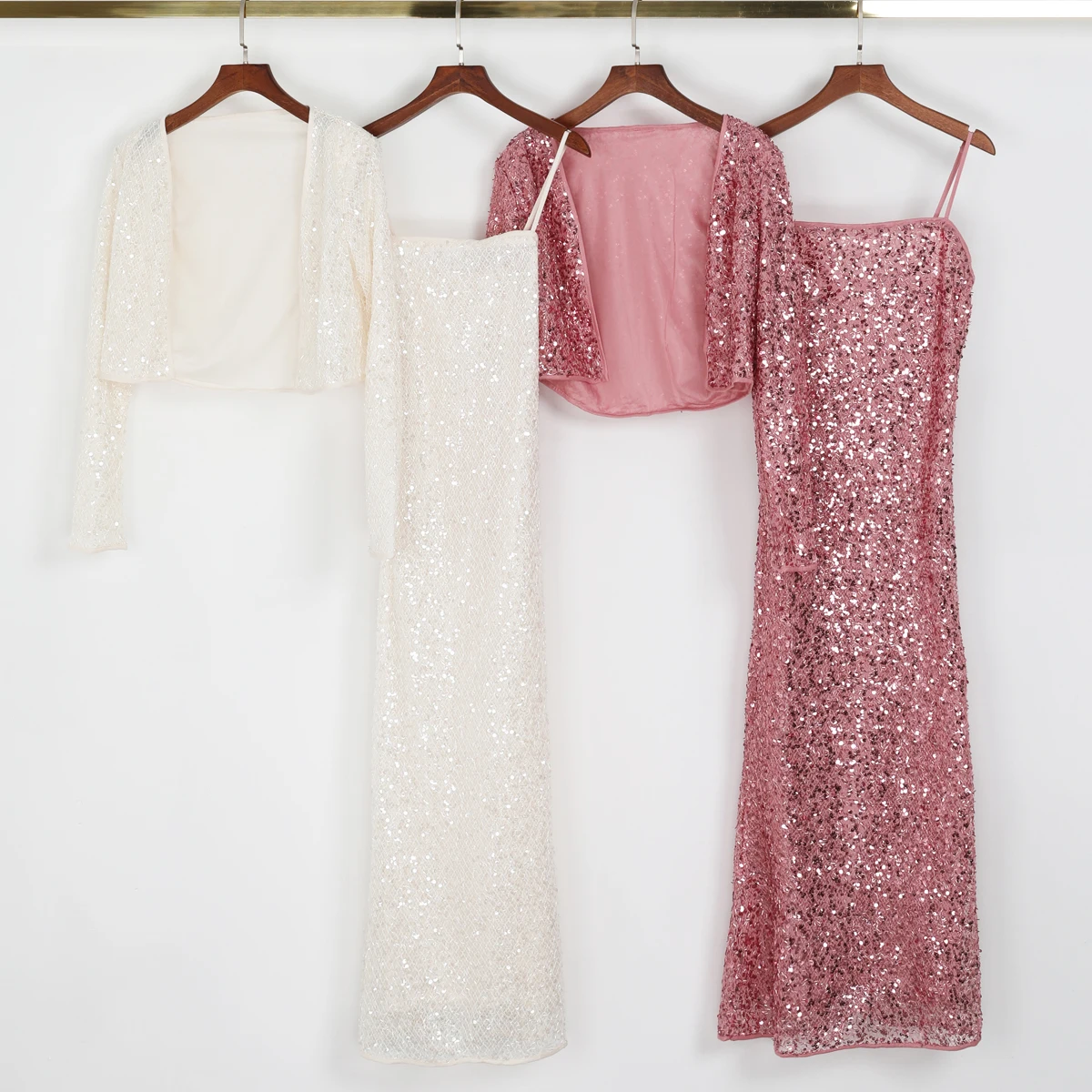 

2634 High-quality Spring And Summer New Fashion Sequin Temperament Top Cardigan Jacket+camisole Dress Women's Set
