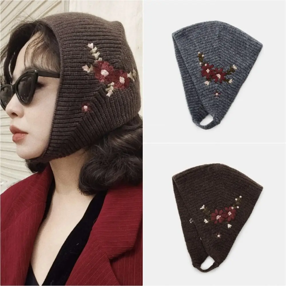 Retro Flower Embroidery Knitted Beret Hat Keep Warm Ear Protection Round Top Cap Ear Protection Hat Winter