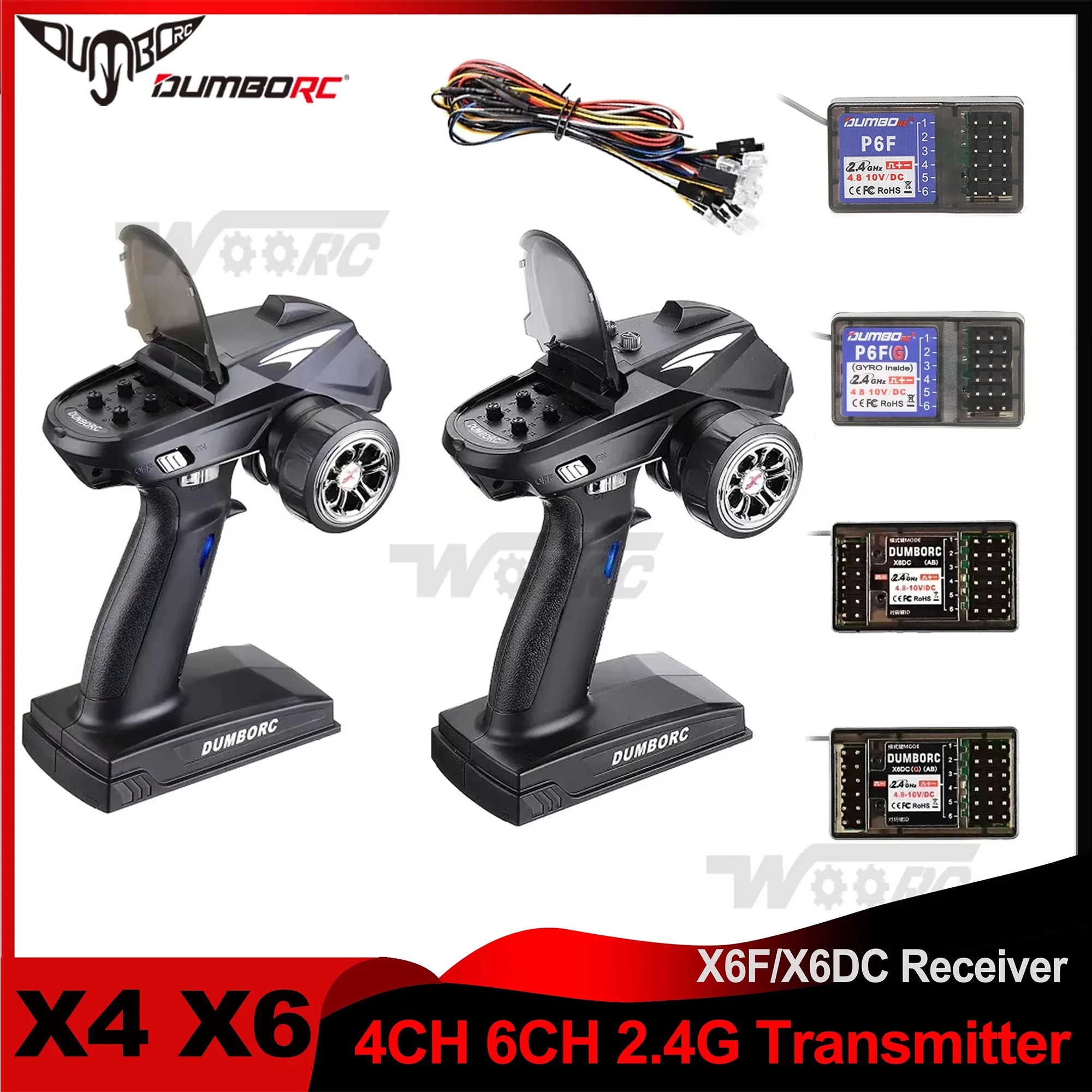 

DUMBORC 4CH 6CH X4 X6 Remote Control Transmitter 2.4G P6F X6FG X6DCG Gyro Receiver for RC Car Crawler Axial SCX10 D90 Boat Tank