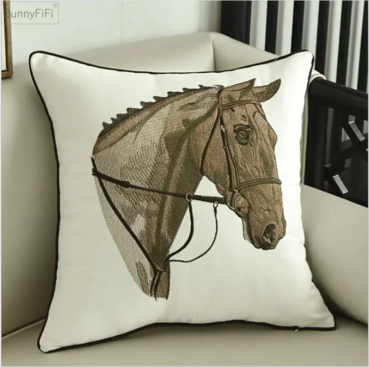 China Art Horse Embroidery Cushion Cover Home Decoration Cotton Canvas Geometric Pillow Cover 45x45cm Sofa PillowCase