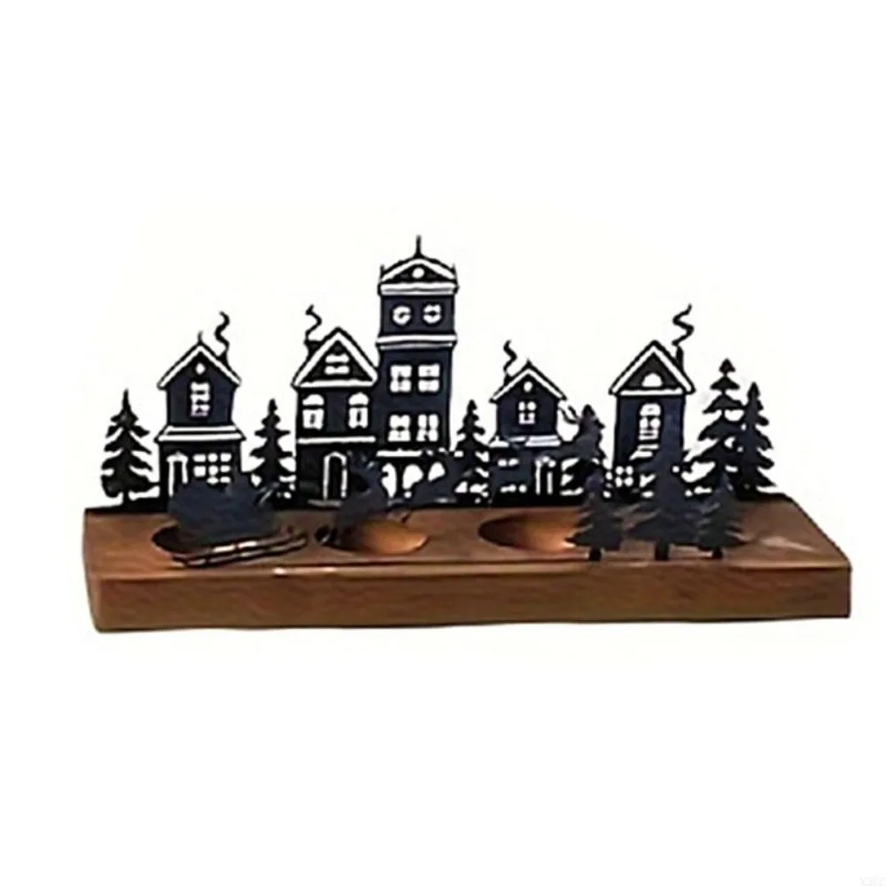 Vintage Christmas Desktop Candle Holder Decorative Detachable Holiday Table Ornament Wooden Base Deer Christmas Tree Decoration