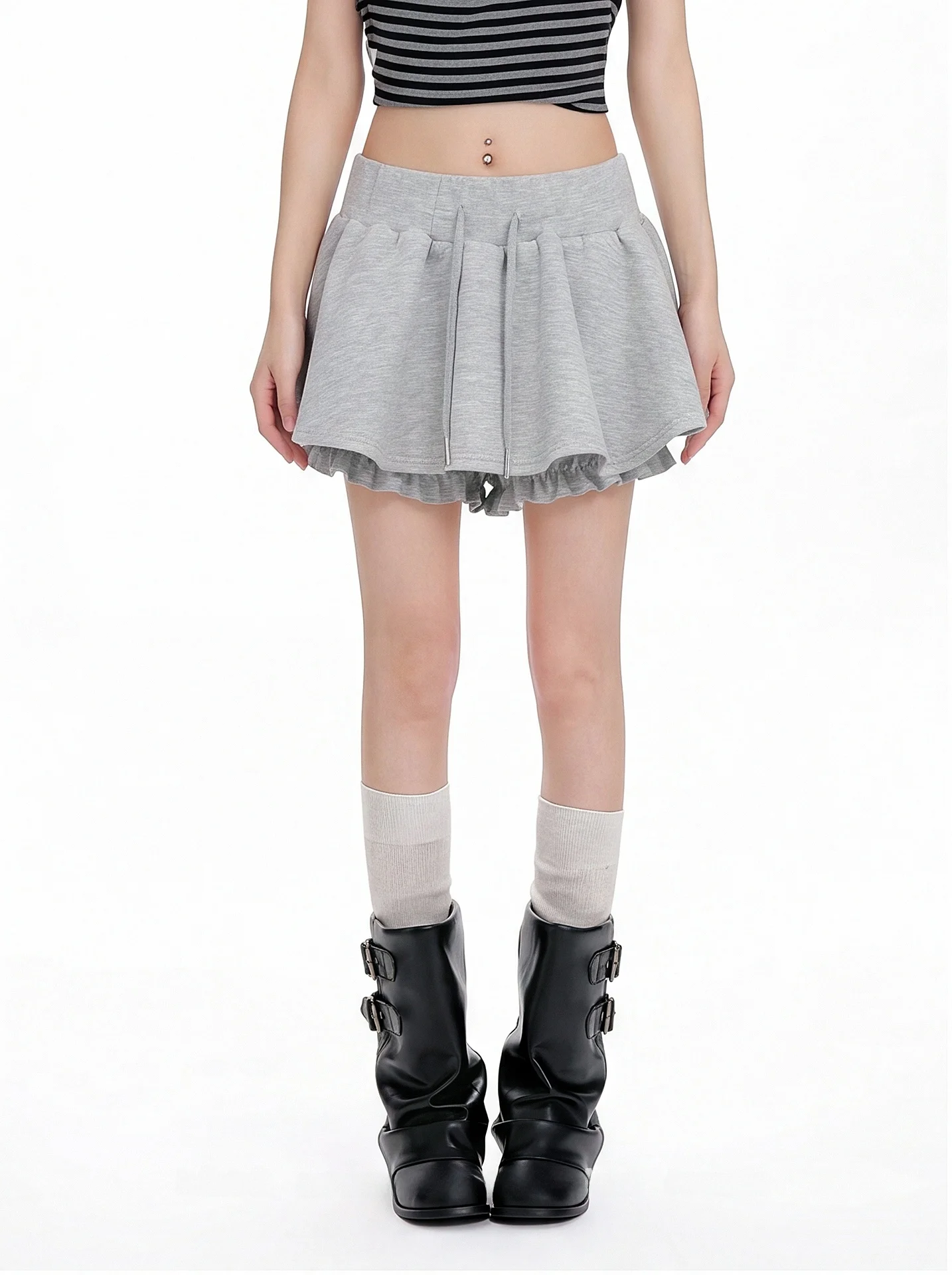 Sweet Style Casual Grey Pleated  Skirt Women Spring Autumn Drawstring Puffy A-Line Skirt Pants Breathable Skin-Friendly P...