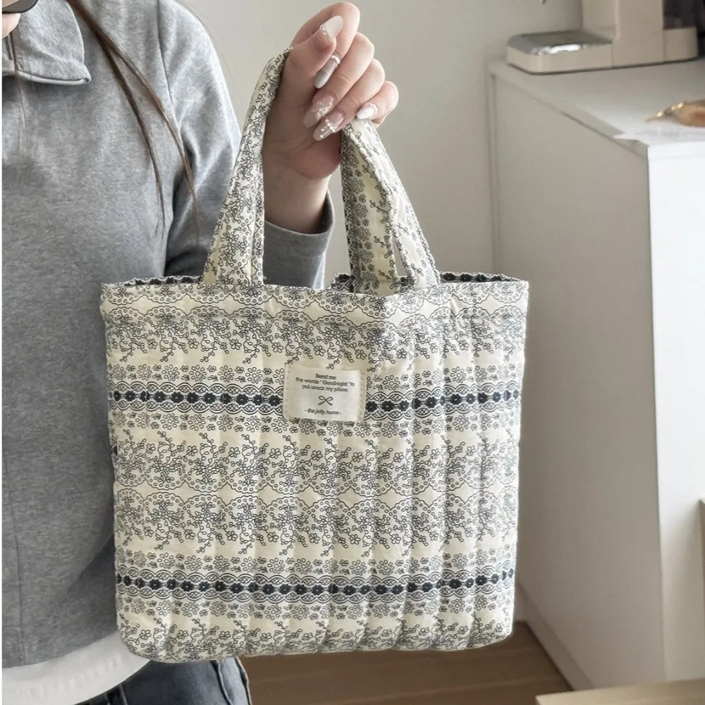 Vintage Quilted Small Tote Bag Floral Print Ultralight Outdoor Handbag Large Capacity Portable Lunch Bag