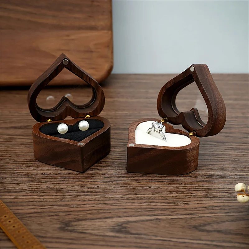 

New 2022 Heart Walnut Wood Ring Box Proposal Engagement Ring Holder Jewelry Storage Boxes Case Cajas Organizador for a Gift