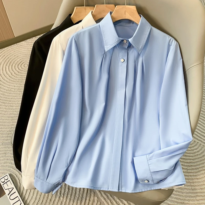 2026 White Lapel Long-Sleeved French Blouse Spring Autumn New Korean Version The Loose Plus Size Temperament Profession Shirts