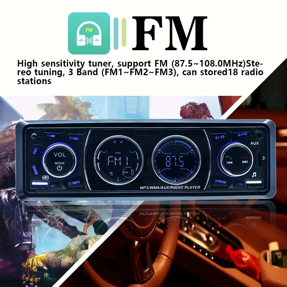 راديو سيارة 1DIN، 2 منفذ USB، فتحة بطاقة AUX و TF، راديو FM، شحن الهاتف، مشغل MP3، بدون بطارية، راديو سيارة للسيارة #5