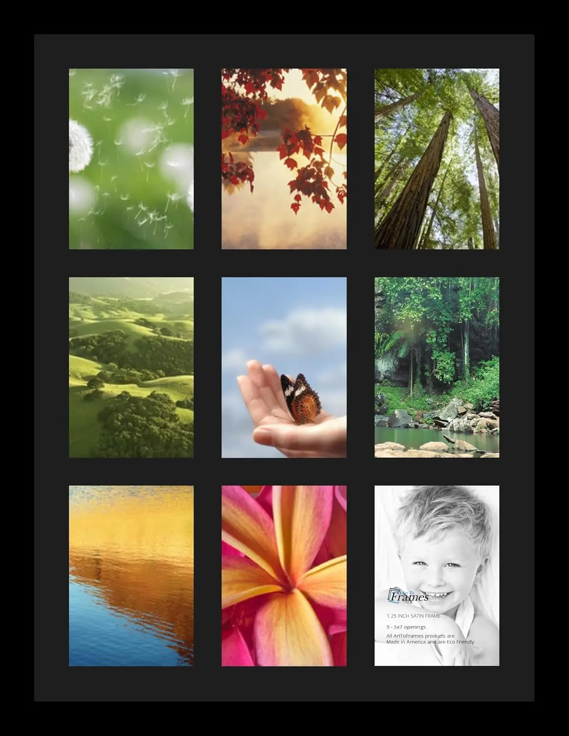 

9-5x7 Photo Frame with Satin Black Finish and Black Mat, Perfect for Collage Display