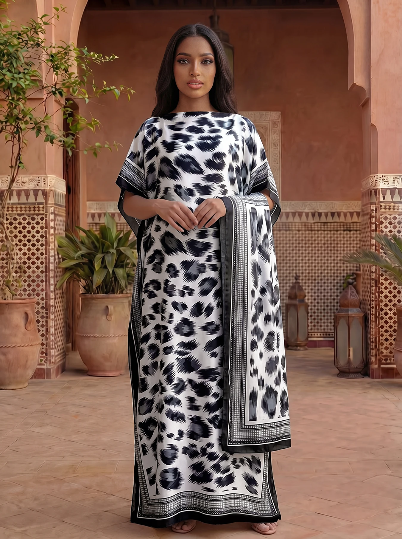 Boho Full Leopard Print Satin Abaya Scarf Set, Loose Batwing Maxi Kaftan For African Muslim Women Holiday Beach Daily Wear