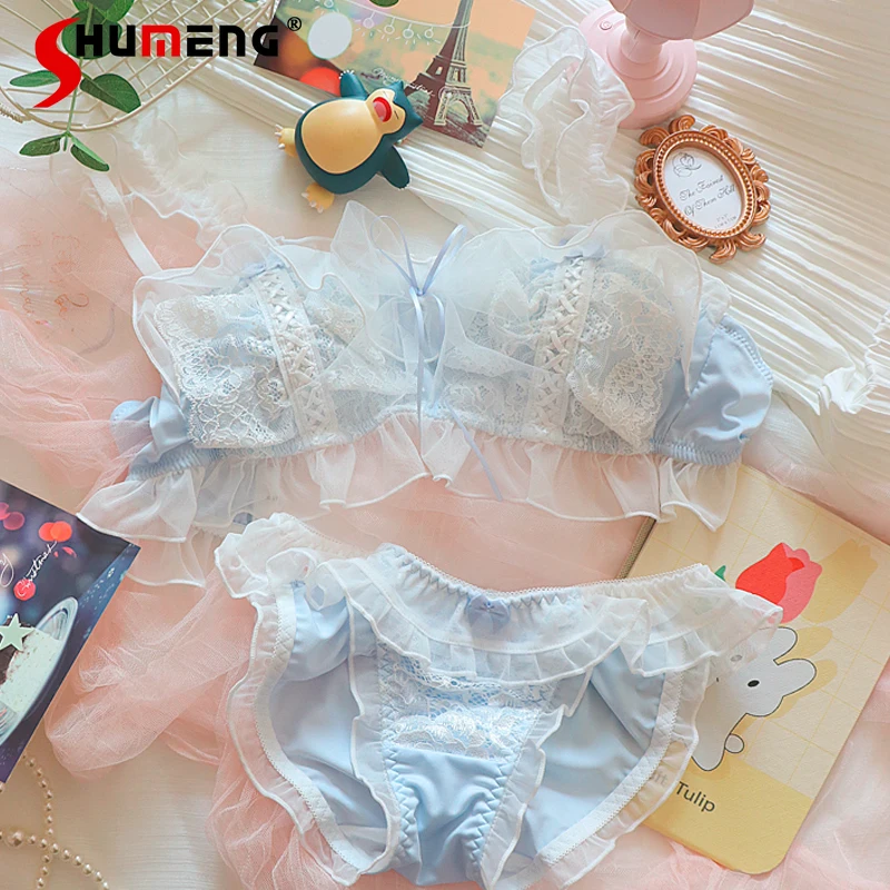 

Pure Desire Girl Underwear Outfits Lace Mesh Japanese Style Brief Sets Women's Blue Sweet Cute Big Bow Lolita Bra Suit
