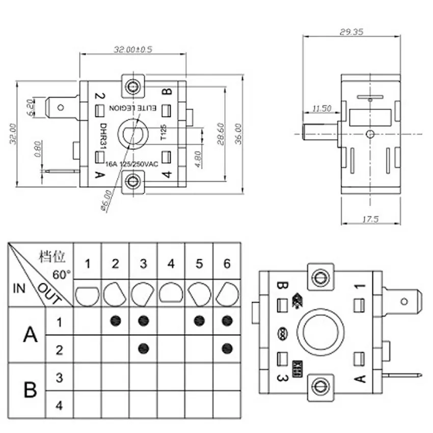 Imagem -02 - Interruptor de Controle de Temperatura para Aquecedor Elétrico Interruptor Rotativo Seletor de Interruptores ac 250v 16a 3pin 5pin 6pin 20 Pcs