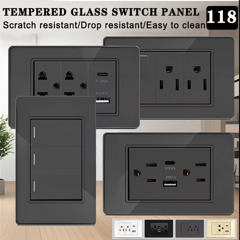 

118*75mm Tempered Glass Switch Panel US Wall Socket Thai USB Socket Plug with Dual USB Type-C Ports,Light Switch 110V