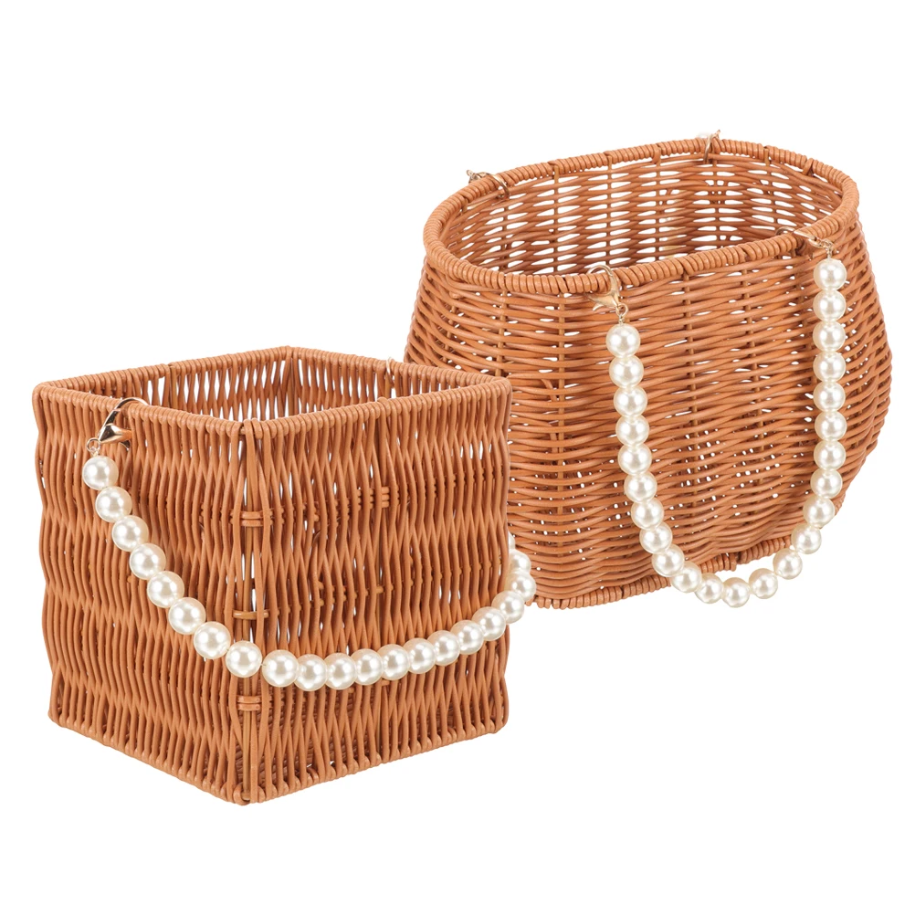 

2pcs Imitation Rattan Woven Basket Portable Fruit Storage Kitchen Vegetable Container Household Multi-Function Snack Organizer