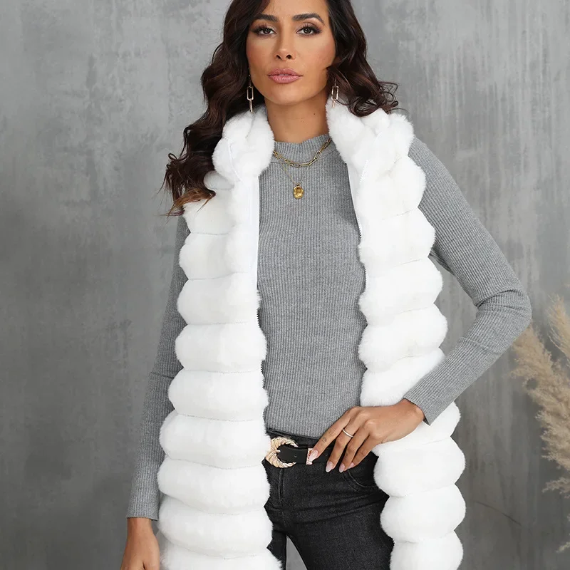 Vest Vrouwen Faux Bontjassen Halflange Jas Rits Dikke Warme Elegante Splice Mouwloze Herfst Winter Casual Open Steek