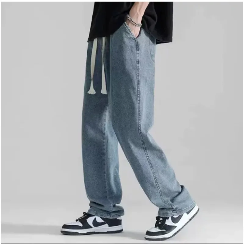 

2025 New Autumn American Tall Men Ice Sensation Jeans Extra Long Length Elastic Waist Thin Loose Wide-leg Clothing